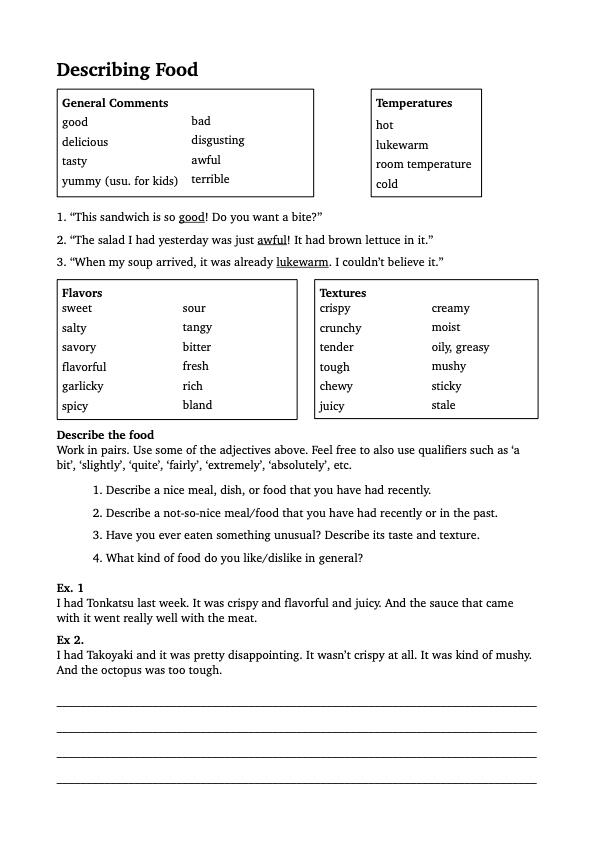Handout on describing food in terms of flavors and textures